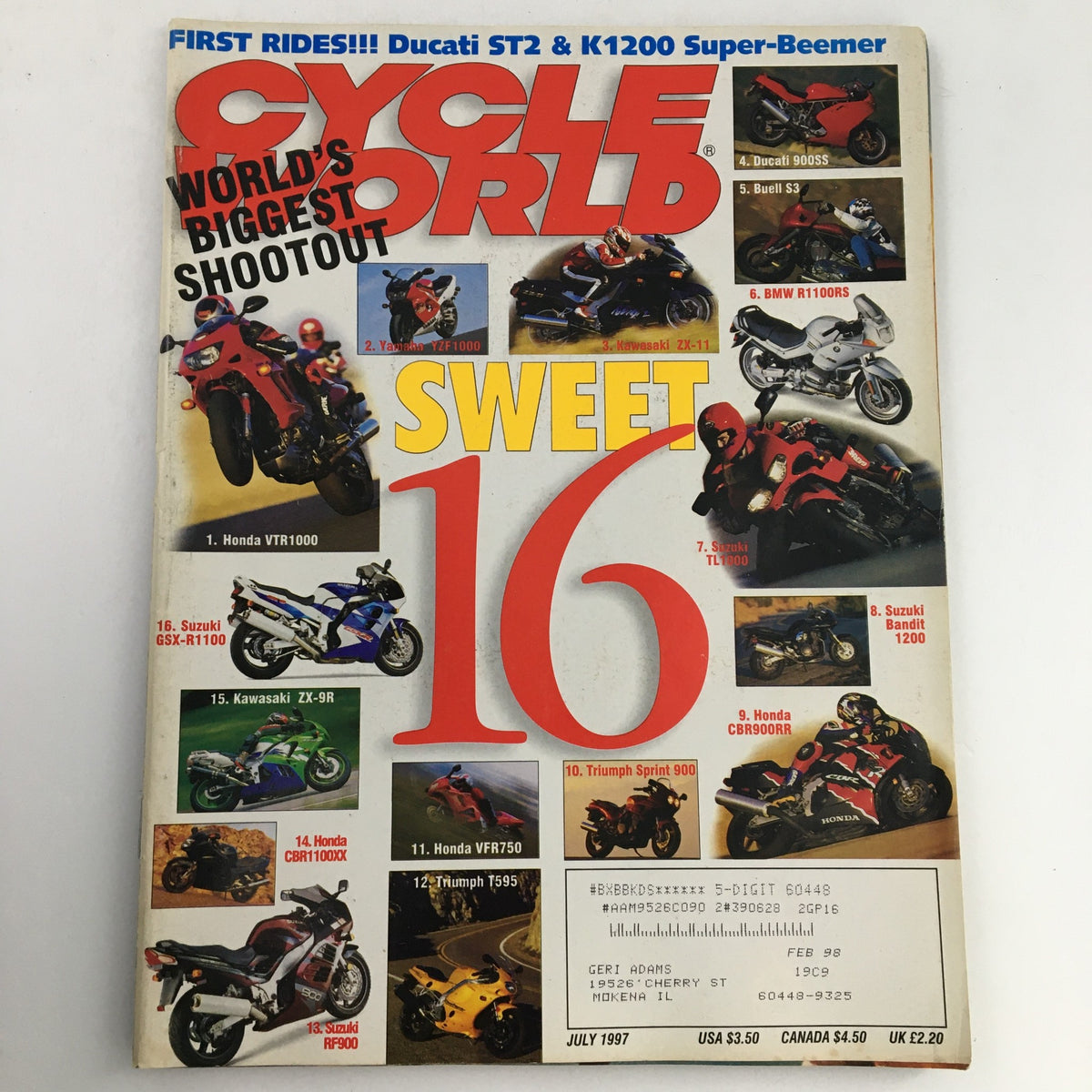 Cycle World Magazine July 1997 featuring Ducati ST2 and K1200 Super-Beemer on the cover, showcasing the world's biggest shootout with 'Sweet 16' highlighted; includes images of various motorcycles like Honda VTR1000, Suzuki GSX-R1100, and Ducati 900SS.