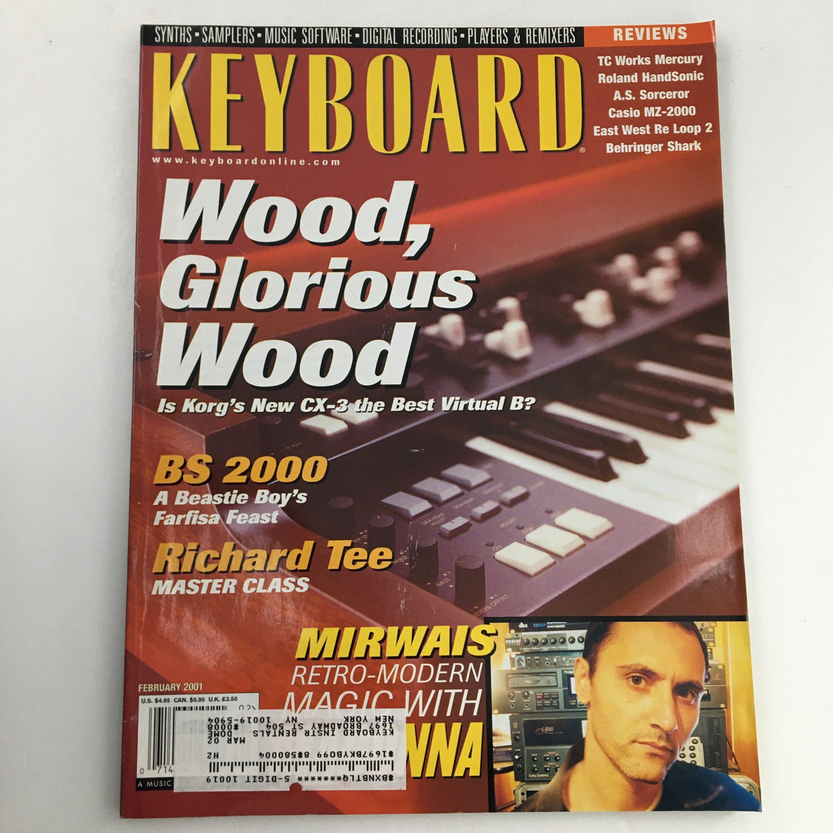 Cover of Keyboard Magazine February 2001 featuring the title 'Keyboard Magazine February 2001 Mirwais Retro-Modern Magic with Madonna'. The cover displays vivid graphics with headlines about music software and a feature on Mirwais.