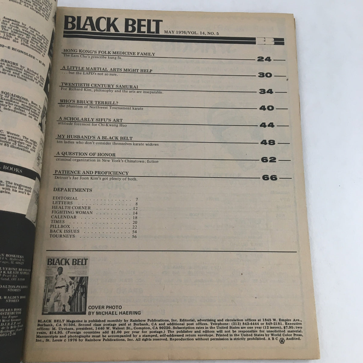 Table of contents page from Black Belt Magazine May 1976 Vol 14 #5, listing articles including 'Twenty Century Samurai' and 'A Scholarly Sifu's Art'.