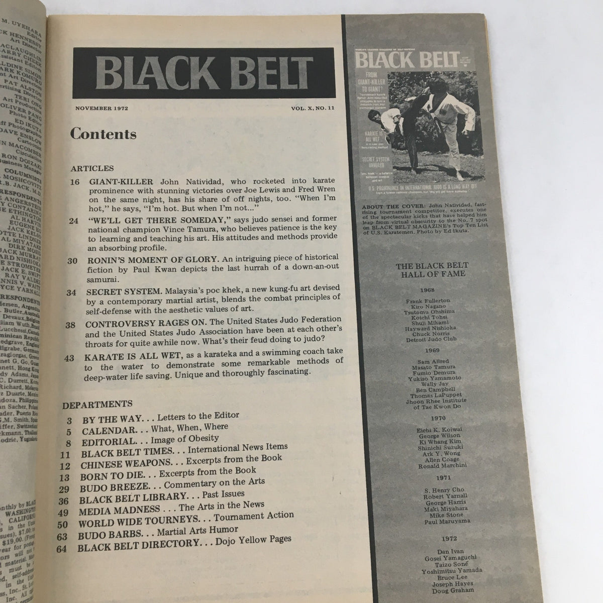 Contents page of Black Belt Magazine, November 1972, Vol 10 #11, listing articles including features on John Natividad and martial arts topics.