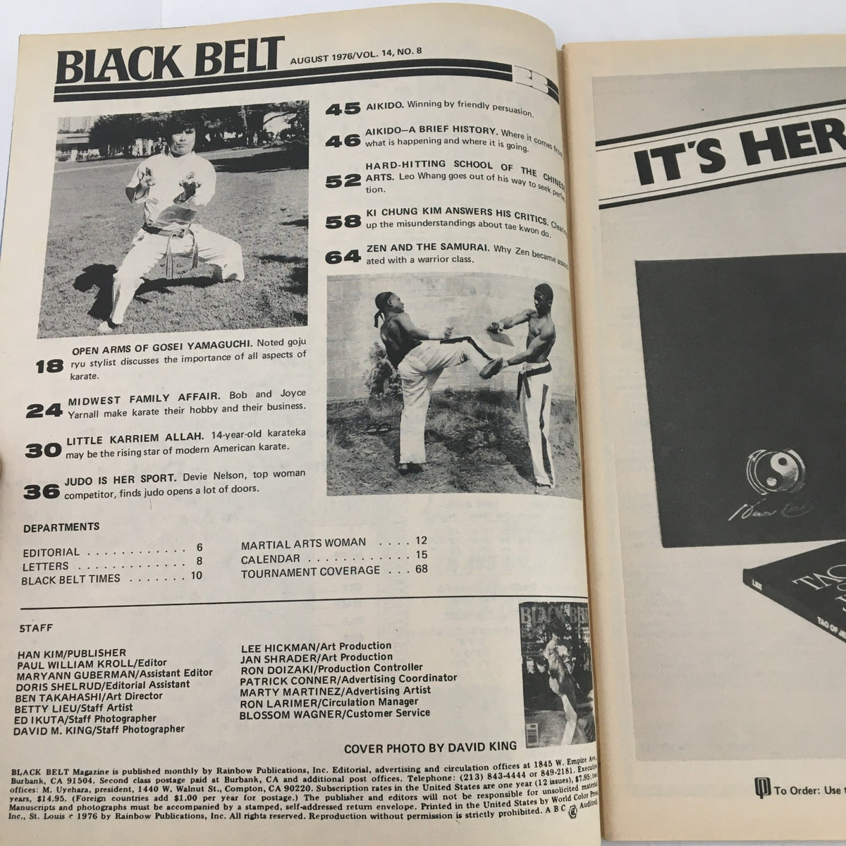 Interior page of Black Belt Magazine August 1976 Vol 14 #8, displaying the table of contents with a feature on Little 'Karriem Allah', listing various martial arts articles.