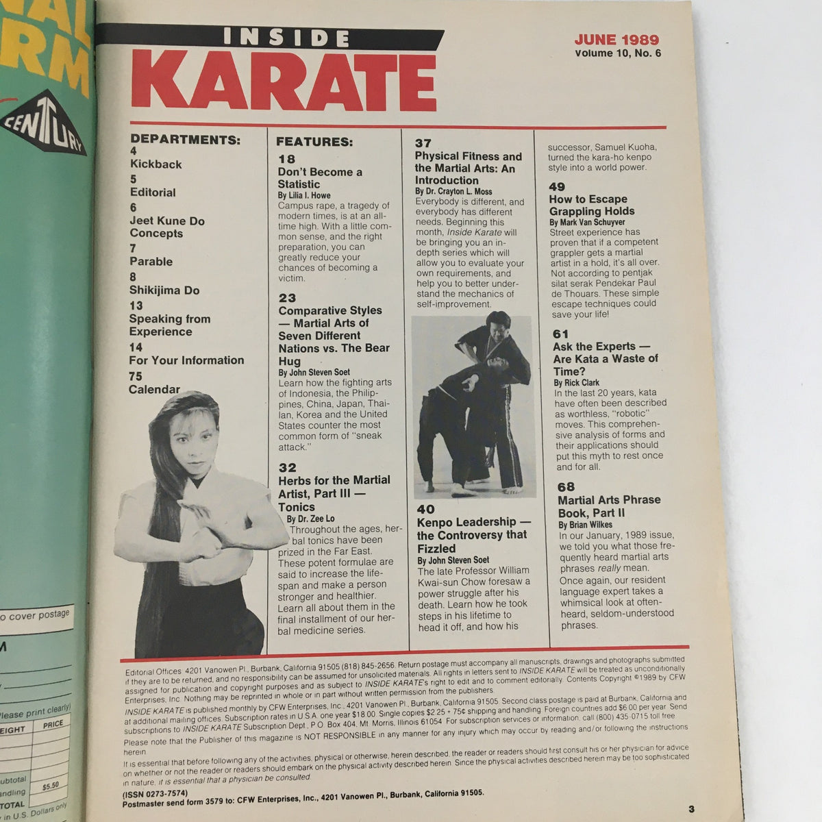 Interior page of Inside Karate Magazine June 1989 Vol 10 #6 listing features, including Kenpo Leadership and fitness tips for martial artists.