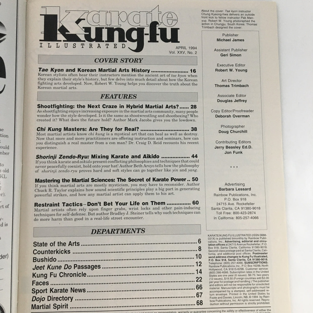 Interior page of Karate Kung-Fu Illustrated Magazine April 1994 detailing articles on martial arts history and techniques, highlighting the magazine's content.