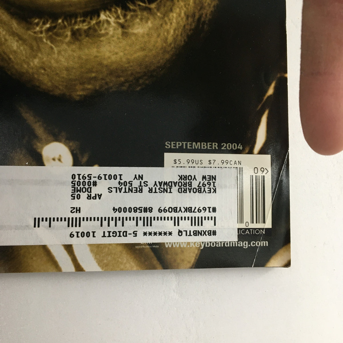 September 2004 issue of Keyboard Magazine featuring Ray Charles memoir, with a visible address label and information regarding pricing and publication; perfect for music enthusiasts and collectors.