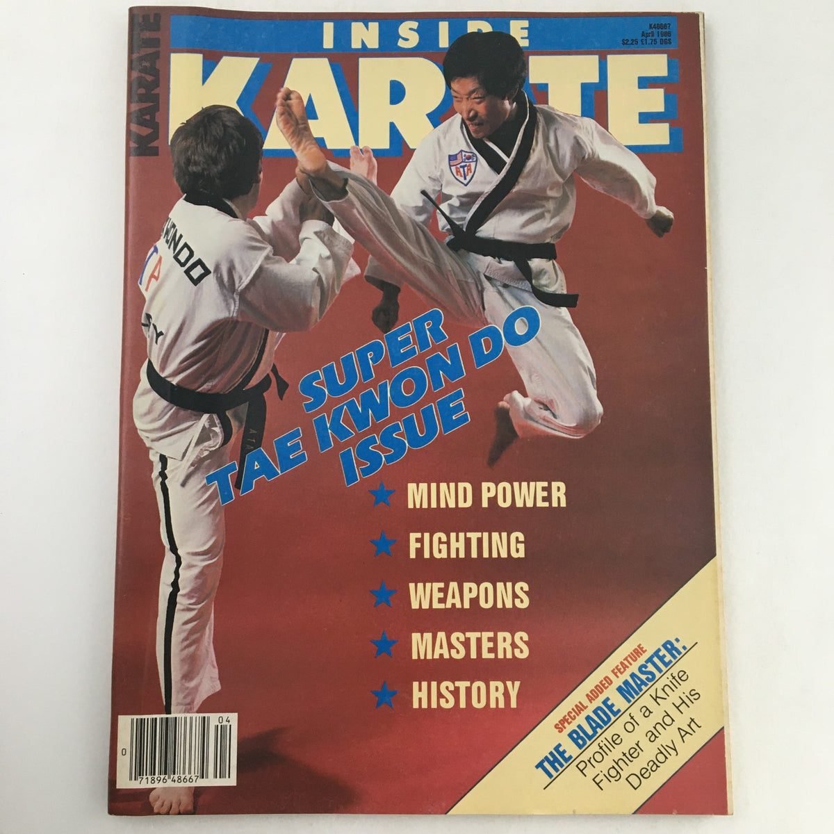 Inside Karate Magazine April 1986, Vol 7 #4, featuring martial artists demonstrating Taekwondo techniques on the cover with bold text 'Super Tae Kwon Do Issue'.