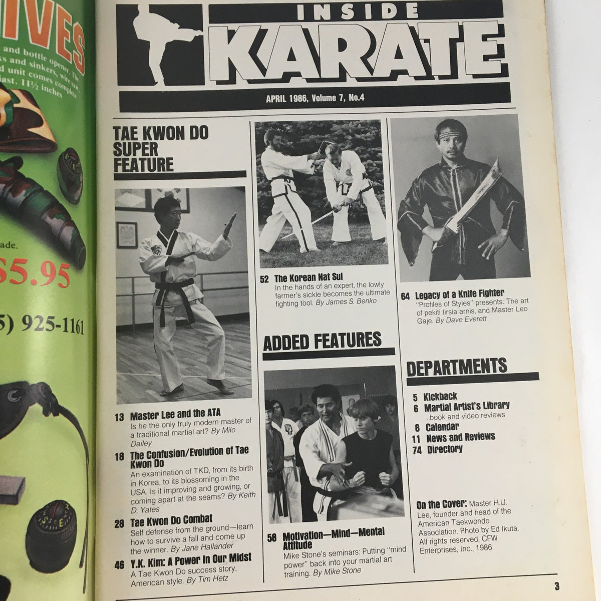 Inside Karate Magazine April 1986, Vol 7 #4, displaying an editorial page with features on Taekwondo topics, including profiles on martial arts legends and training techniques.