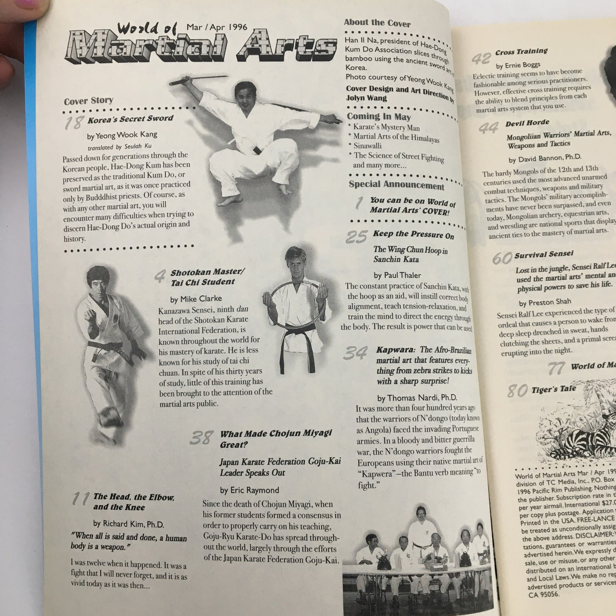 Inside page of World of Martial Arts Magazine March-April 1996 showcasing various articles, including an interview with Yeong Wook Kang about Hae-Dong Kum Do and the influence of martial arts in the 90s.