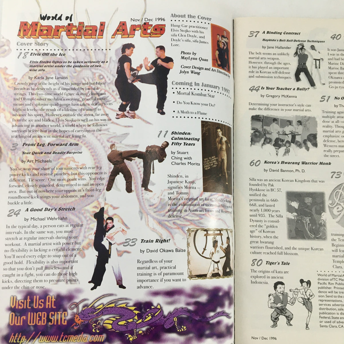 Interior pages of World of Martial Arts Magazine November-December 1996, displaying martial arts articles and highlights, including the cover story on Elvis Stojko and various martial arts techniques.
