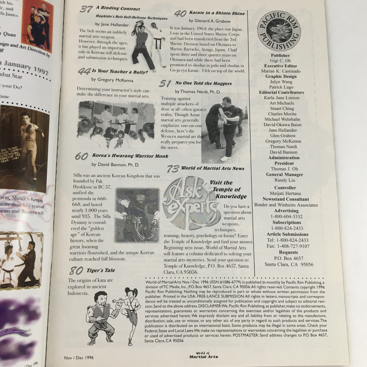 Interior page of World of Martial Arts Magazine, November-December 1996, showcasing articles and features about martial arts, including topics such as self-defense techniques, karate, and historical figures.