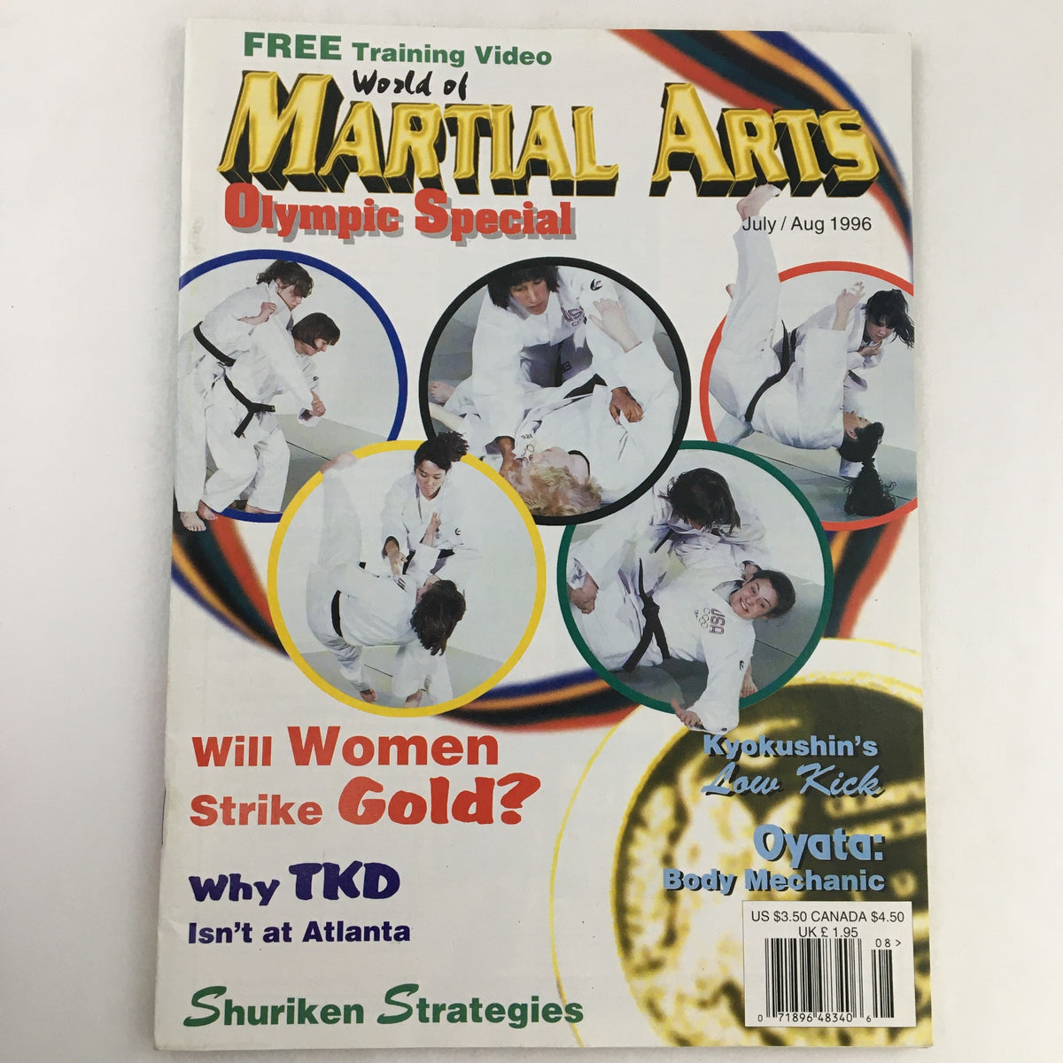 Cover of World of Martial Arts Magazine July-August 1996 featuring the US Women's Olympic Judo Team, showcasing martial artists in action and discussing women's participation in sports.