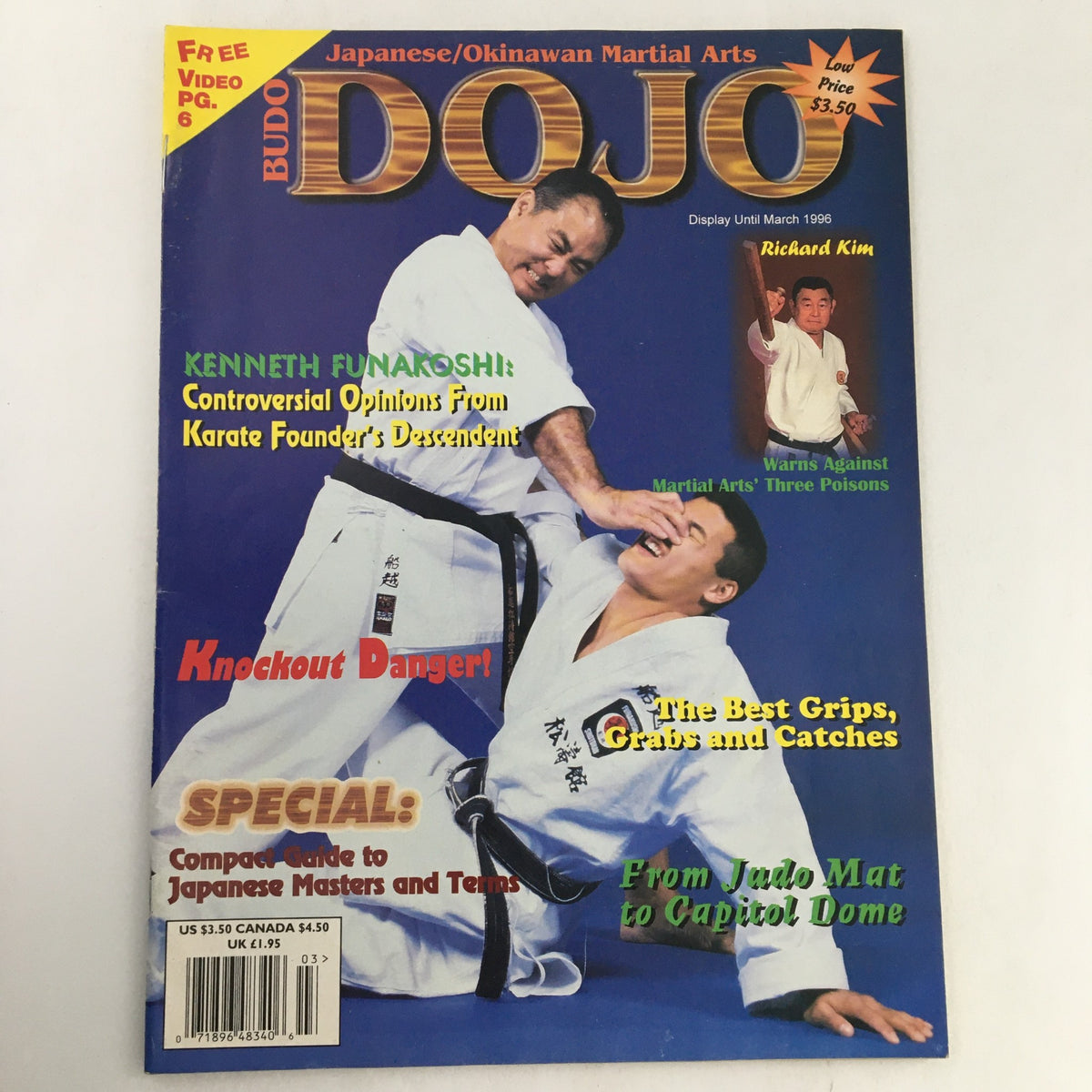 Cover of Budo Dojo Magazine Winter 1996 featuring Shotokan Master Kenneth Funakoshi and martial arts techniques, highlighting the importance of Kenneth Funakoshi's opinions and a compact guide to Japanese masters.