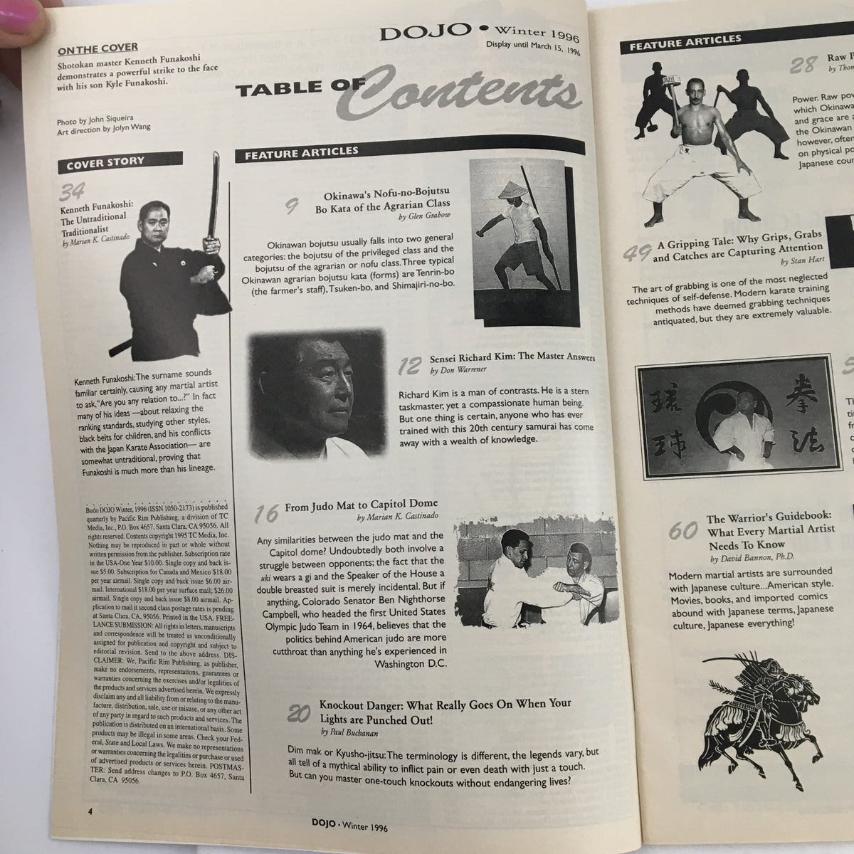 Table of contents from Budo Dojo Magazine Winter 1996 featuring Shotokan master Kenneth Funakoshi and his son Kyle Funakoshi. The page includes articles on martial arts techniques and philosophies.