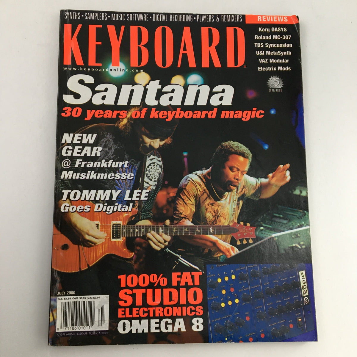 Keyboard Magazine July 2000 cover featuring Santana and Tommy Lee, showcasing the Studio Electronics Omega 8 synthesizer.