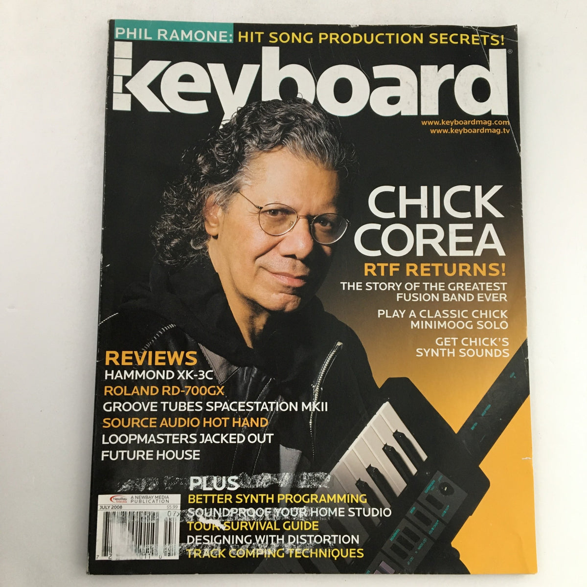 Keyboard Magazine July 2008 featuring Chick Corea on the cover, showcasing his contributions to jazz and music innovation.