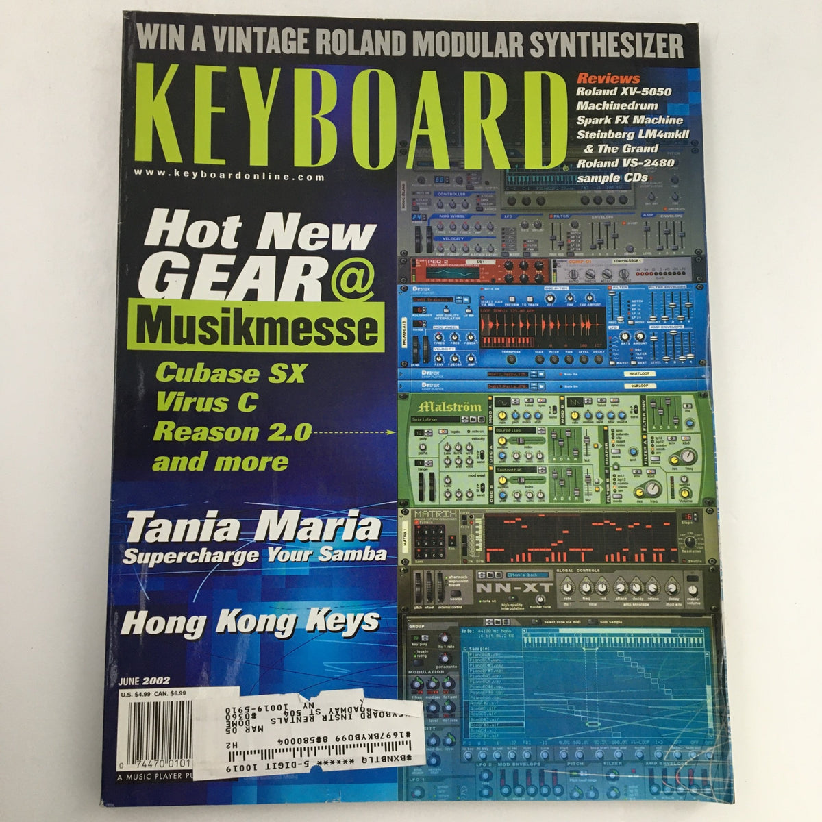 Keyboard Magazine June 2002 cover featuring Tania Maria, Cubase SX, and Hong Kong Keys along with vibrant visuals of music production gear.