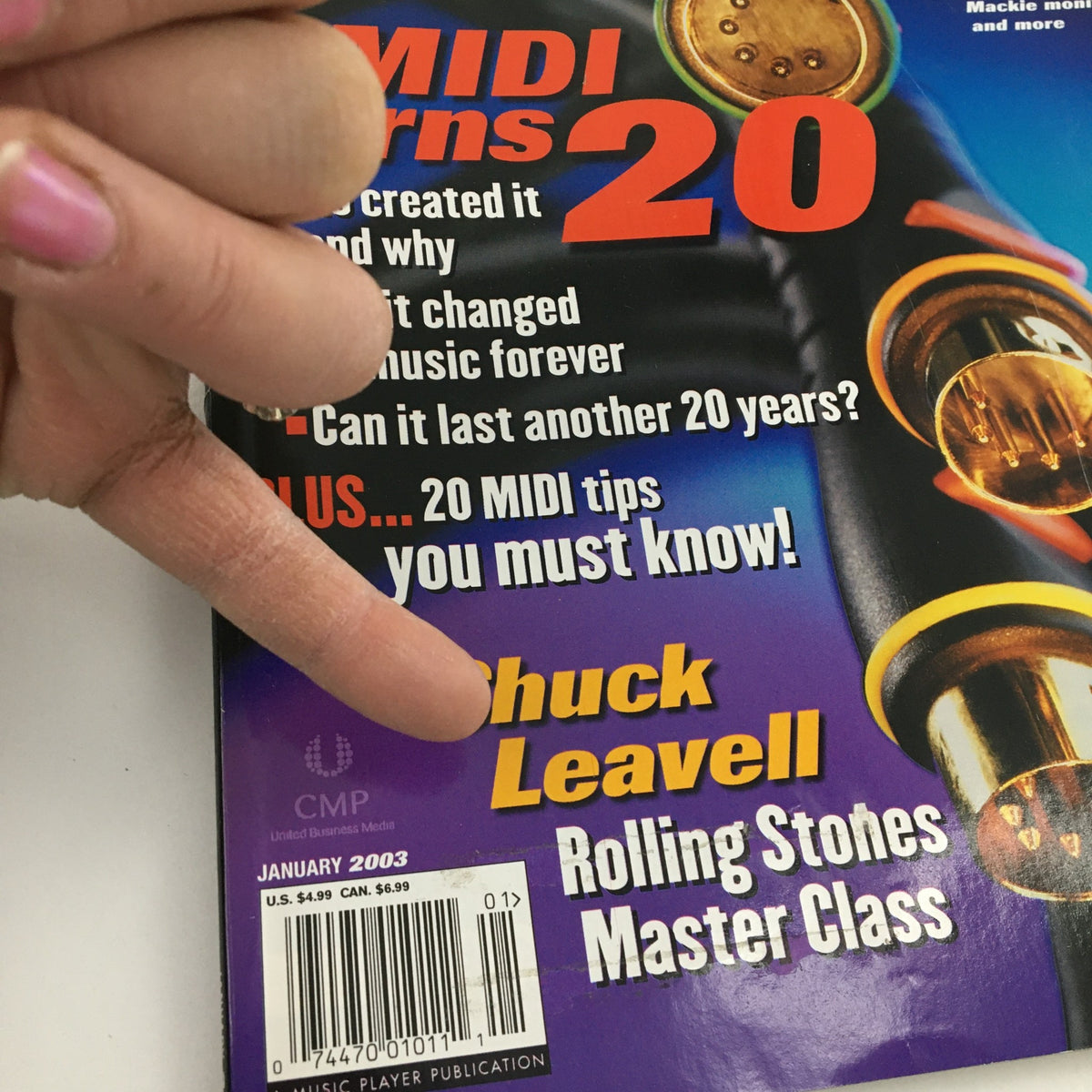 Close-up of Keyboard Magazine January 2003 cover indicating Chuck Leavell's Rolling Stones Master Class and MIDI 20 tips for musicians.