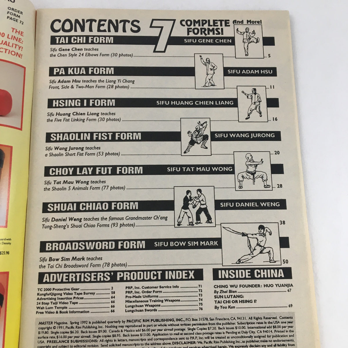 Contents page of Wushu Master Magazine Spring 1992 detailing 7 complete Kung-Fu forms taught by various Sifus. The page includes an overview of Tai Chi, Hsing I, Shaolin Fist, and more, highlighting the martial arts featured in this vintage collectible magazine.