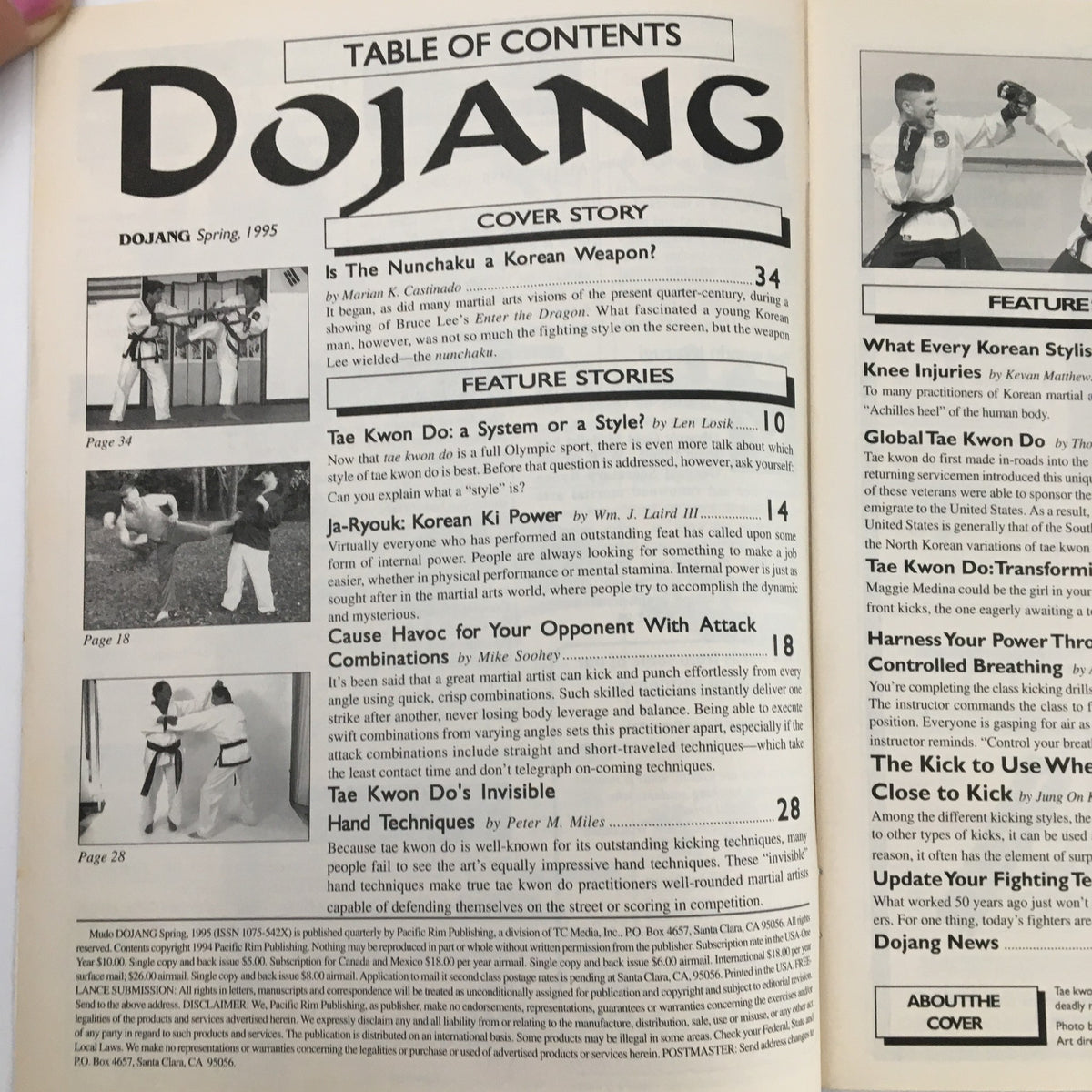 Table of contents page from Mudo Dojang Magazine Spring 1995 detailing articles on nunchaku, Tang Soo Do, and various martial arts techniques.