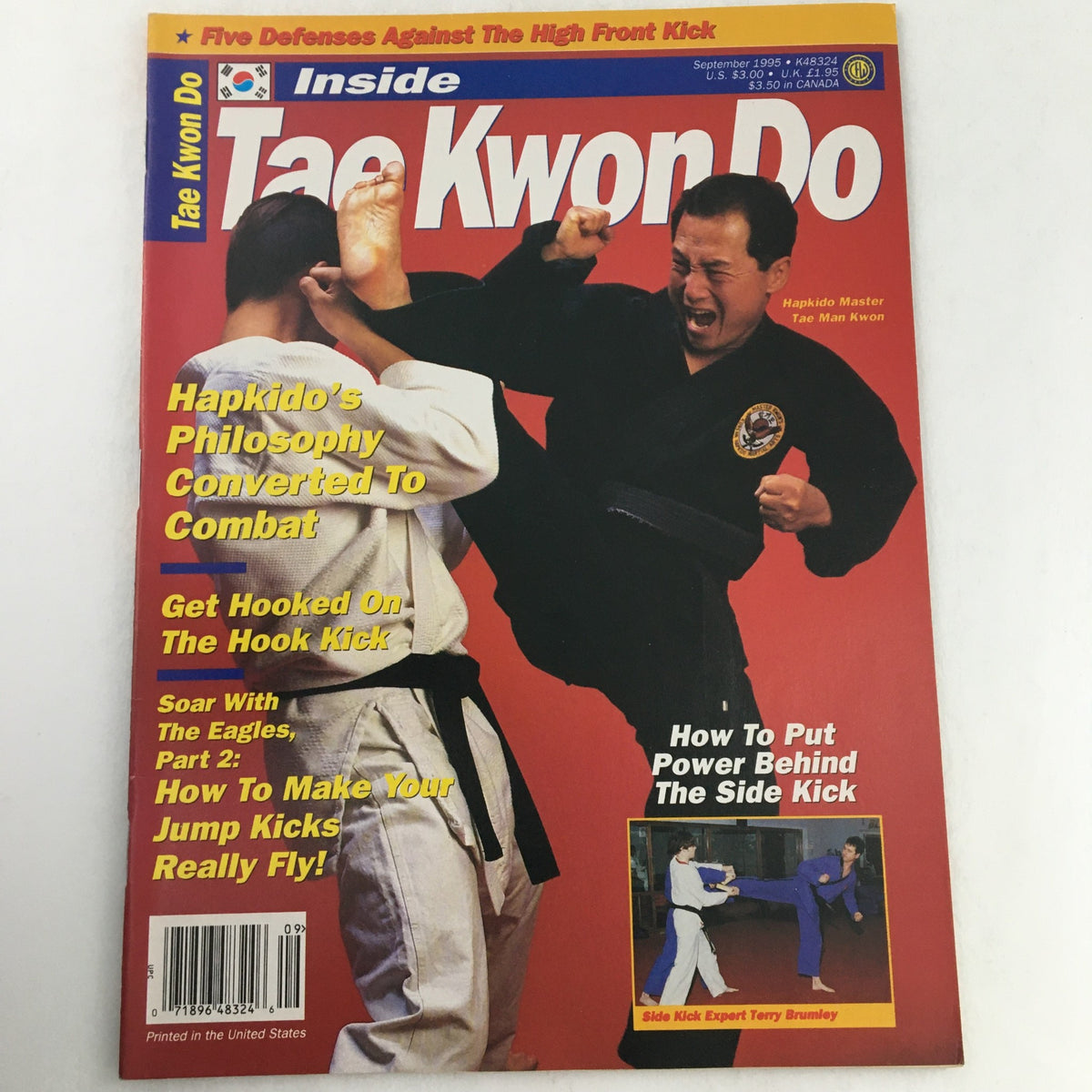 Cover of Inside Tae Kwon Do Magazine September 1995 Vol 4 featuring Hapkido Master Tae Man Kwon performing a high kick, with articles on combat techniques and training tips.