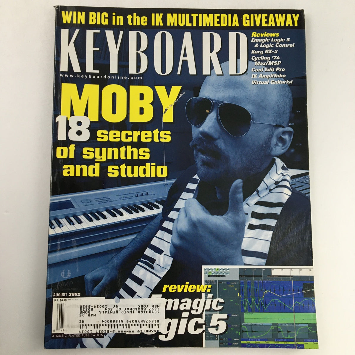 Keyboard Magazine August 2002 cover featuring Moby, highlighting 18 secrets of synths and studio, with a review of music software 'magic' 5.