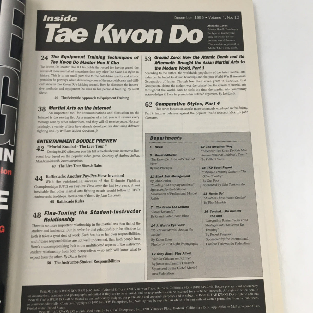 Table of contents from Inside Tae Kwon Do Magazine December 1995 Vol 4 #12 showcasing articles on martial arts training, instructor-student relationships, and entertainment previews.