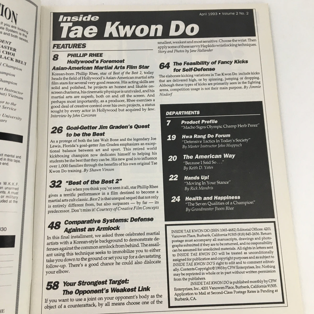 Inside Tae Kwon Do Magazine April 1993 Vol 2 #2 featuring Philip Rhee, showcasing articles and features on martial arts including training techniques and profiles of notable martial artists.