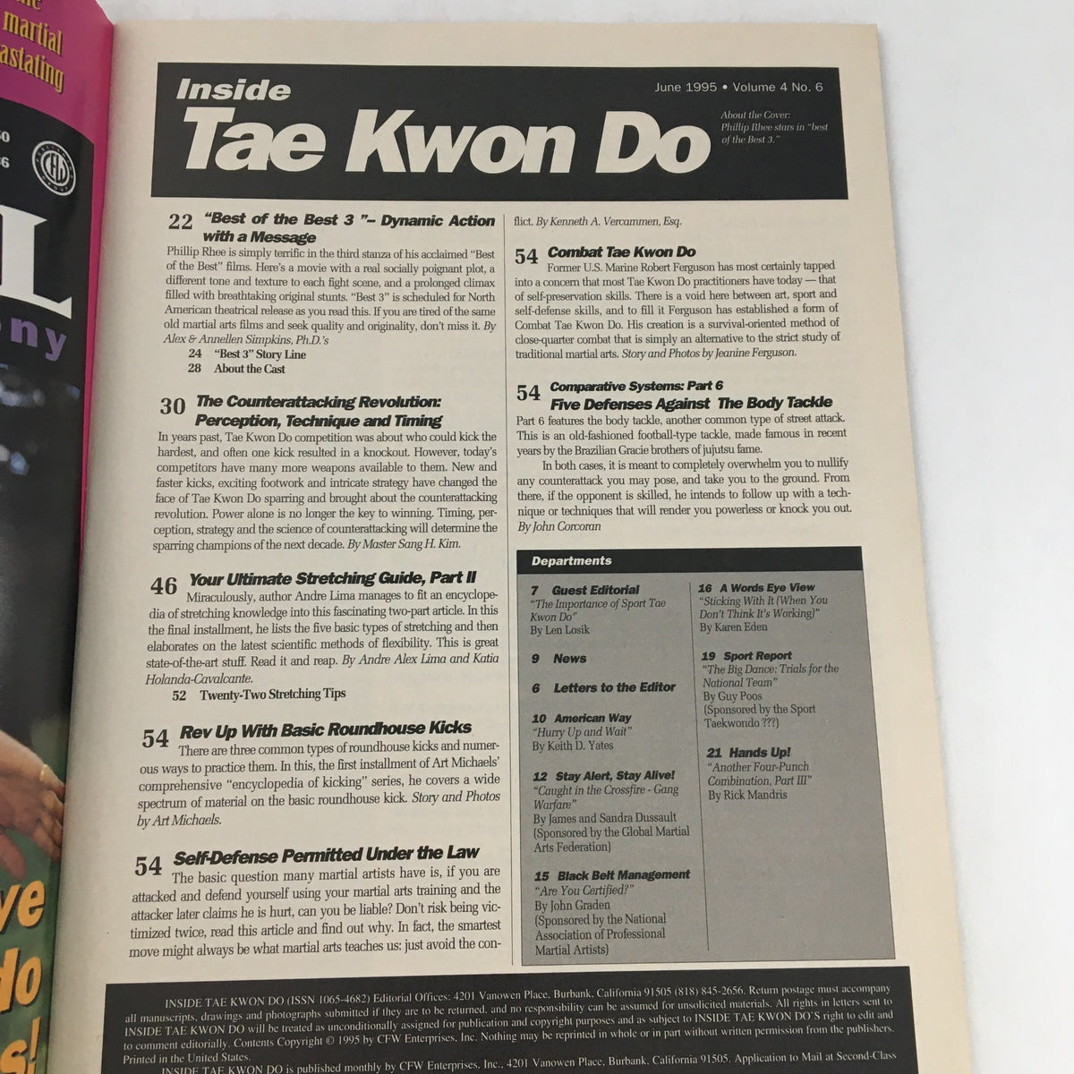 Table of contents from 'Inside Tae Kwon Do Magazine' June 1995 Vol 4 #6, showcasing articles on combat, techniques, and self-defense in taekwondo.