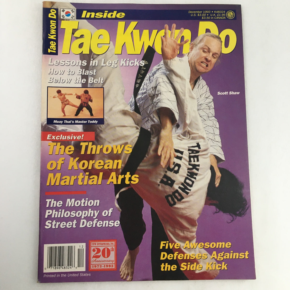 Cover of Inside Tae Kwon Do Magazine December 1993 Vol 2 #6 featuring Scott Shaw and Master Teddy, highlighting martial arts techniques, leg kicks, and street defense strategies.