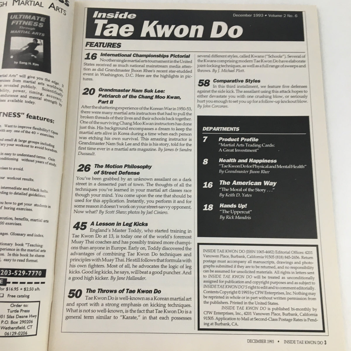 Inside Tae Kwon Do Magazine December 1993 Vol 2 #6 featuring articles on martial arts techniques, philosophies, and prominent figures including Grandmaster Nam Suk Lee, with an overview of various sections and content from the issue.