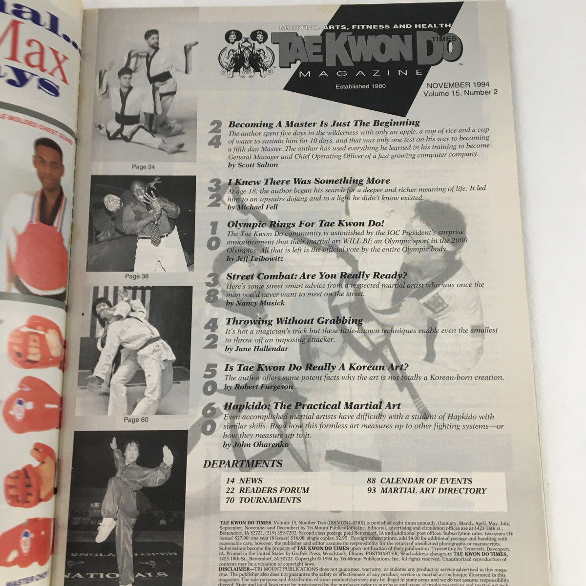 Interior page of TaeKwonDo Times Magazine Vol 15 #2 November 1994 displaying article headings and images related to martial arts techniques, training, and events.