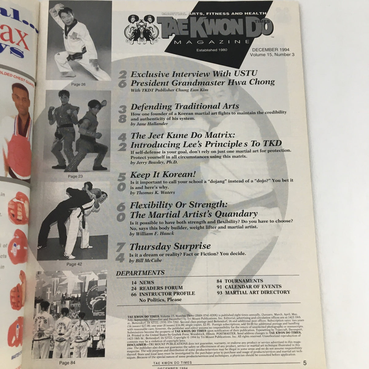 Interior page of TaeKwonDo Times Magazine Vol 15 #3 December 1994 listing featured articles including the exclusive interview with Grandmaster Hwa Chong, defending traditional arts, and the Jeet Kune Do matrix.