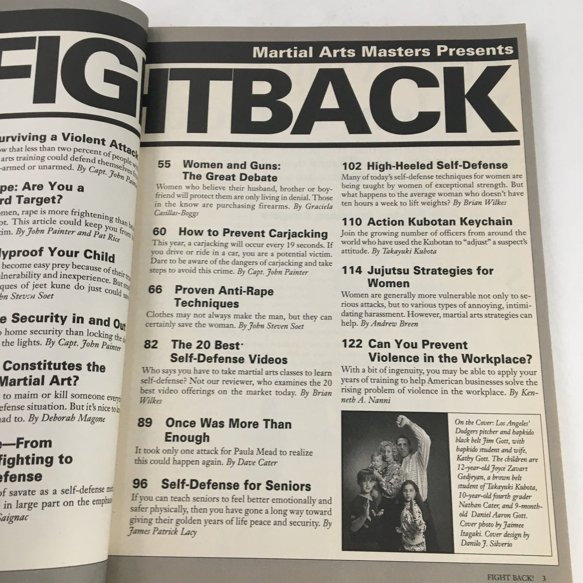 Another inside page of '1963 Martial Art Masters Fight Back: A Guide To Family Self-Defense' highlighting essential self-defense strategies and articles.