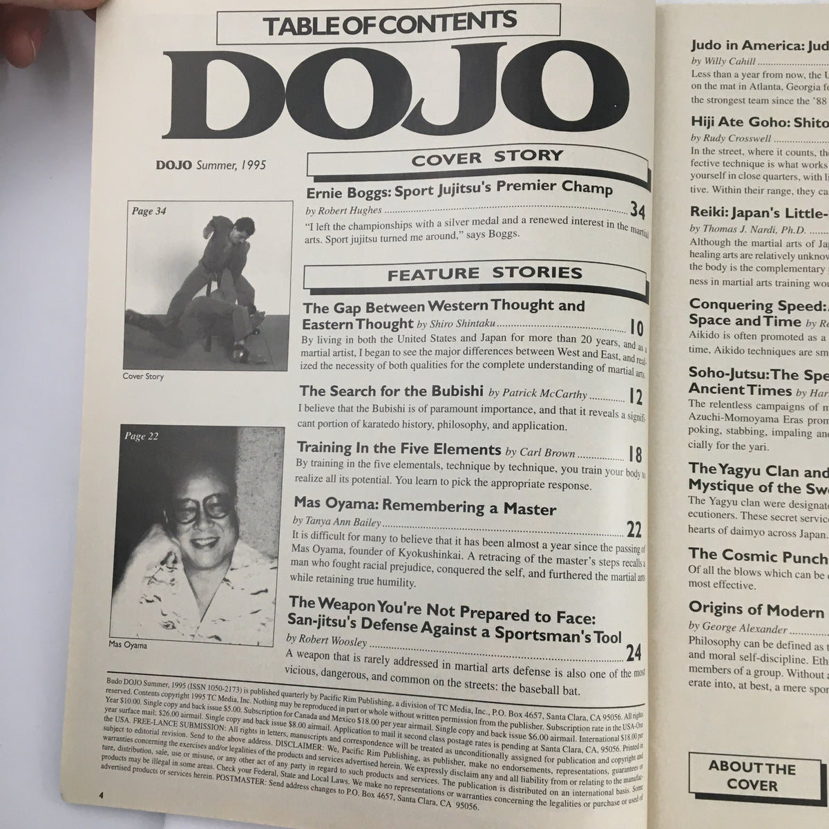 Table of contents from Budo Dojo Magazine Summer 1995, highlighting the cover story on Ernie Boggs and various feature articles related to martial arts.