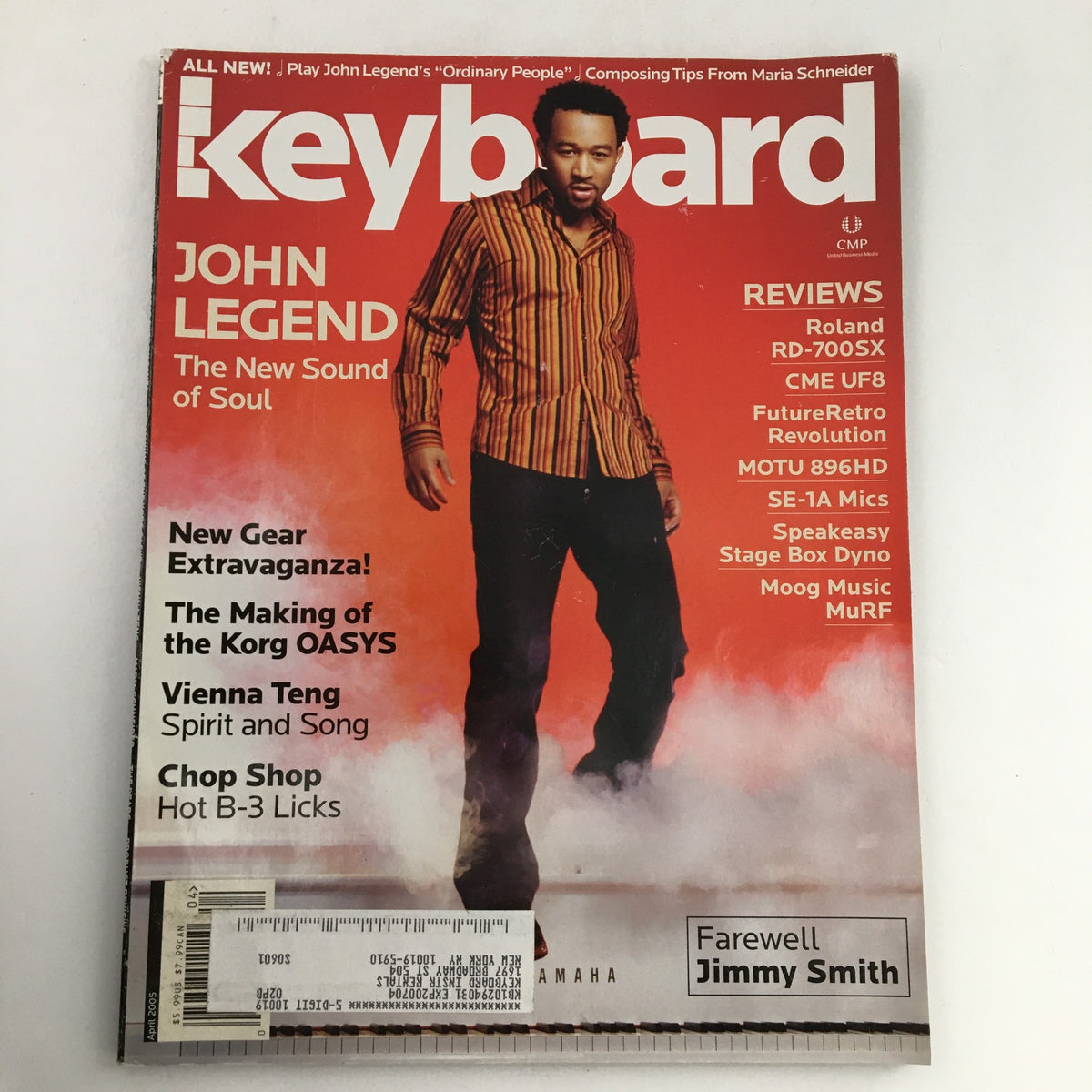 Keyboard Magazine April 2005 featuring John Legend on the cover, showcasing the New Sound of Soul, along with highlights about Vienna Teng and a farewell tribute to Jimmy Smith.