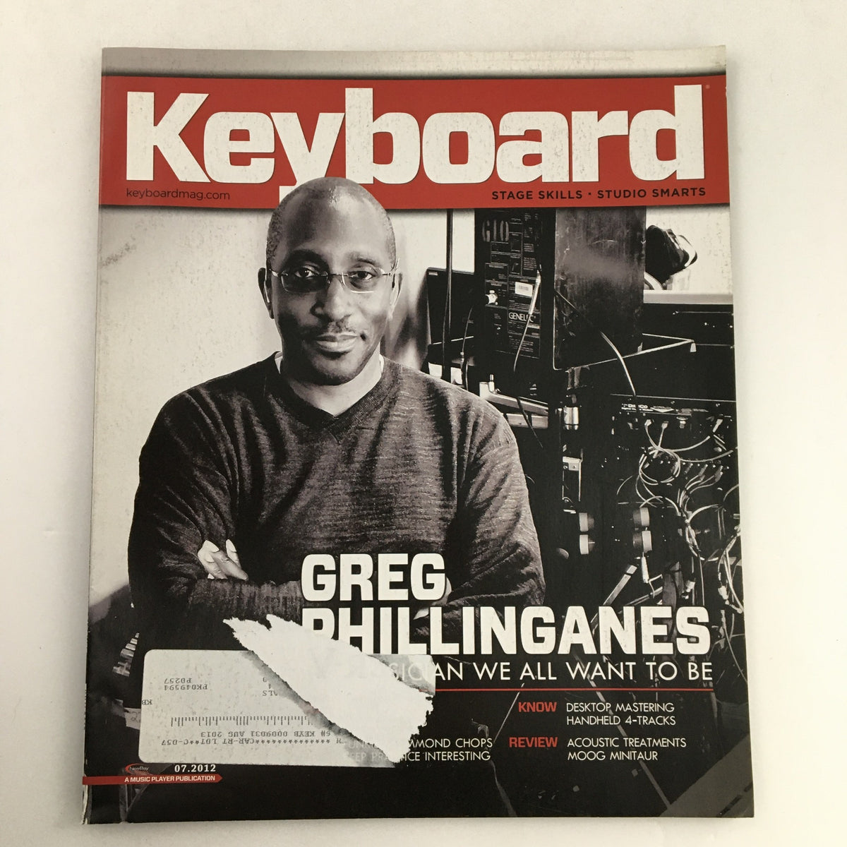 Keyboard Magazine July 2012 cover featuring Greg Phillinganes, showcasing electronic music innovation and the Moog Minitaur review.