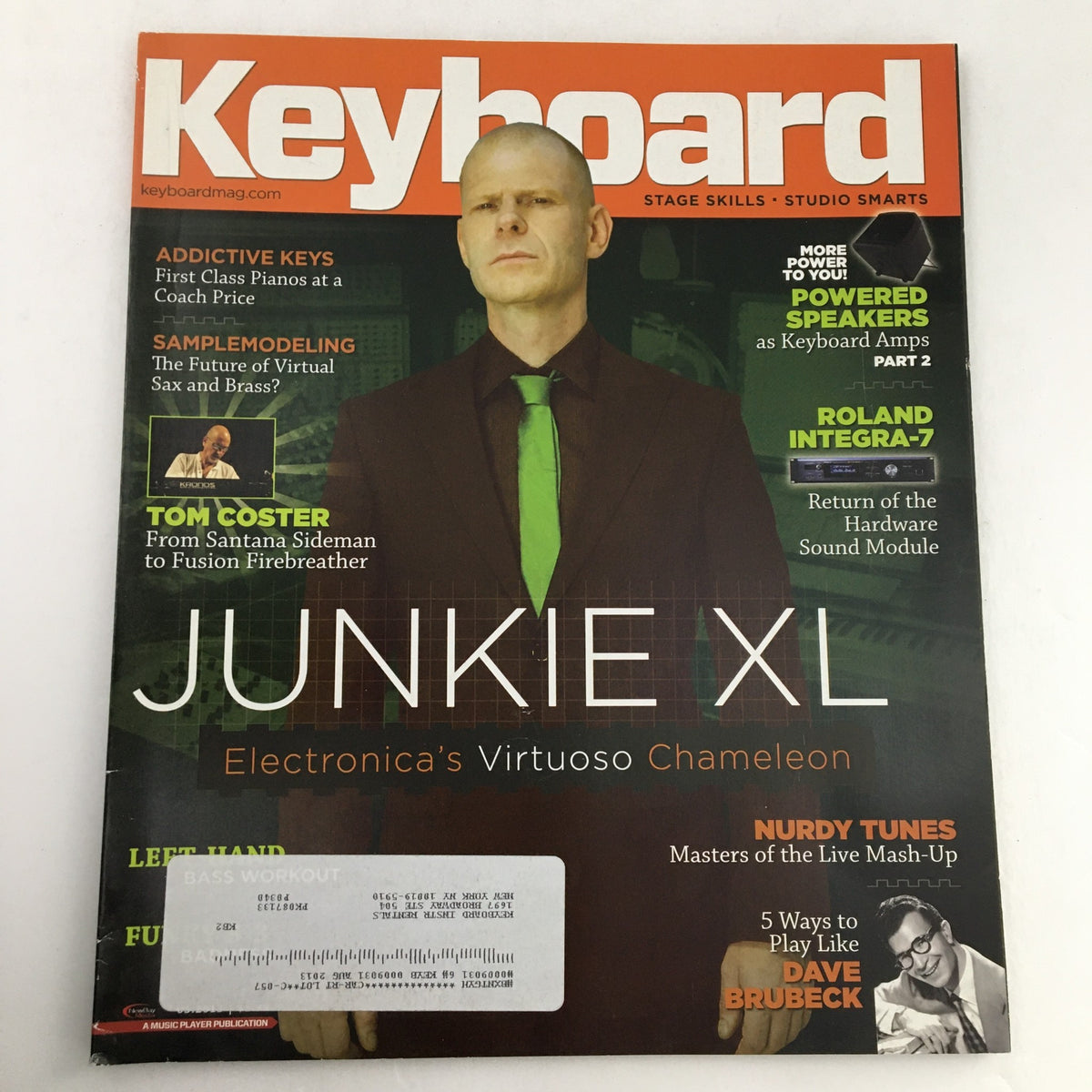 Keyboard Magazine March 2013 cover featuring Tom Coster, Junkie XL, and Dave Brubeck, showcasing electronic music and instruments.