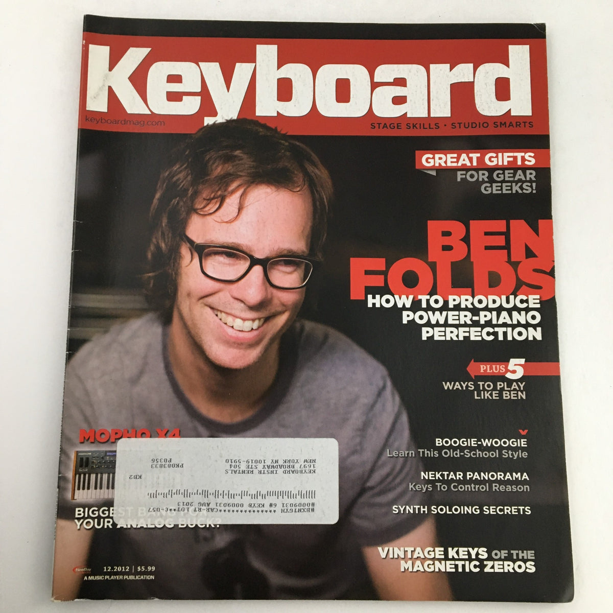 Cover of Keyboard Magazine December 2012 featuring Ben Folds, highlighting articles on power-piano production, music gear including Mopho X4, and insights on Nektar Panorama.