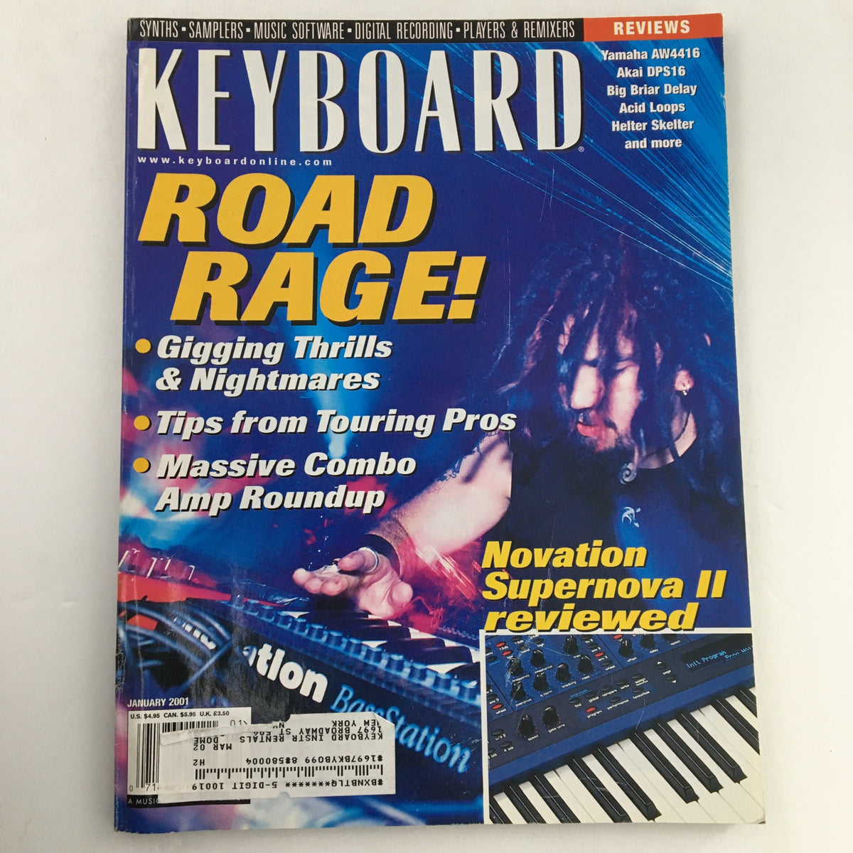 Cover of Keyboard Magazine January 2001 featuring 'Road Rage' with a highlight on Massive Combo Amp Roundup and Novation Supernova VG.