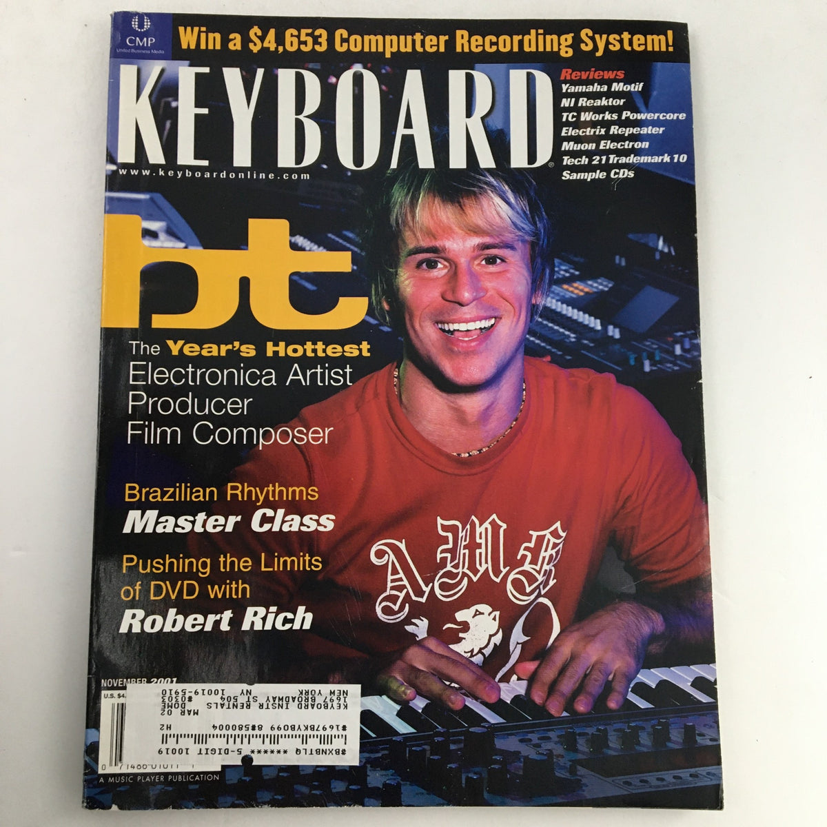 Keyboard Magazine November 2001 issue featuring Brian Wayne Transeau on the cover, highlighting electronic music, and featuring insights from composer Robert Rich.