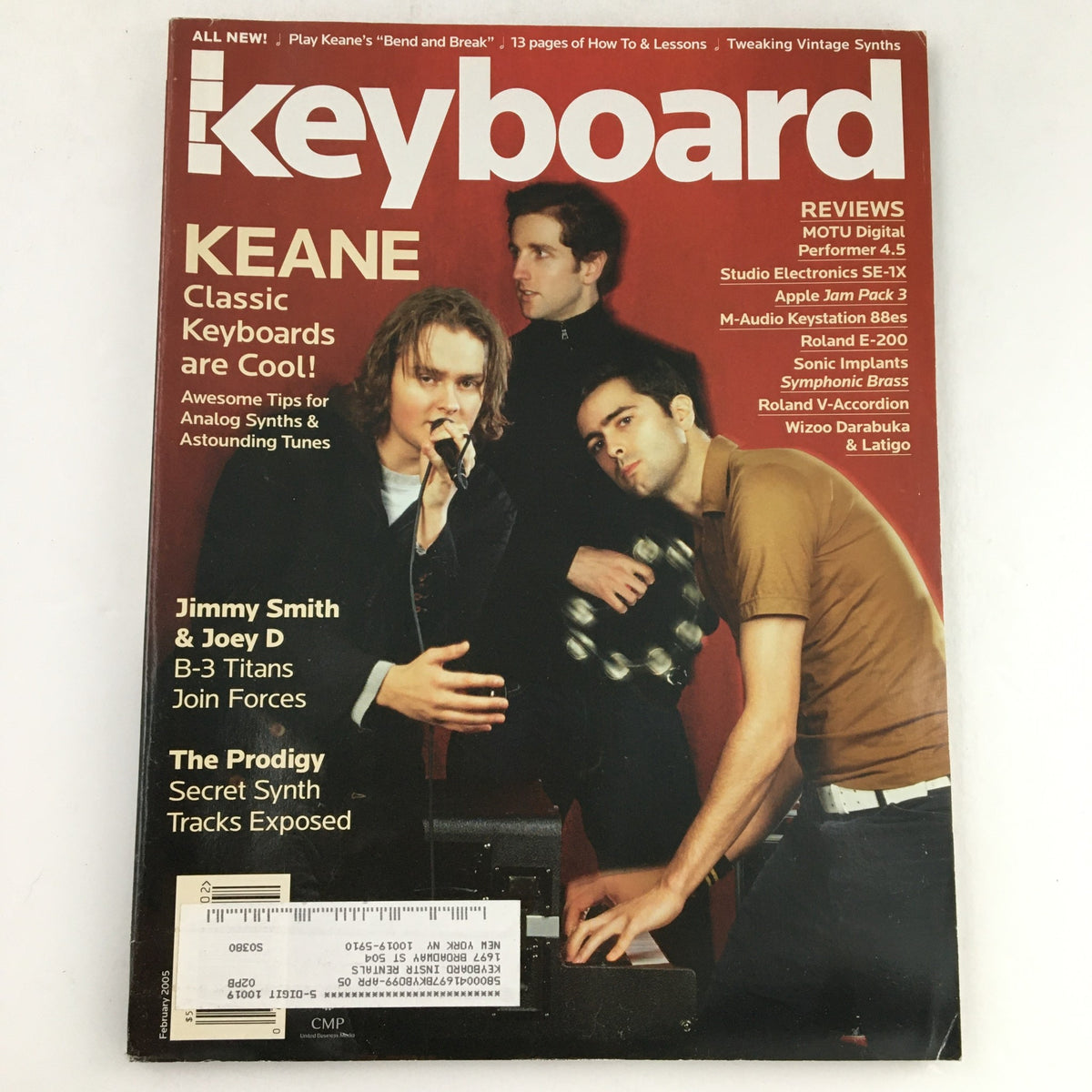 Keyboard Magazine February 2005 cover featuring Jimmy Smith, Joey D, and The Prodigy, showcasing classic keyboards and music technology reviews.