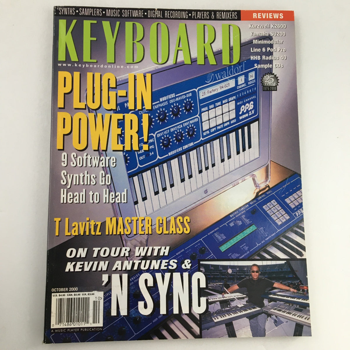 Keyboard Magazine October 2000 cover featuring T Lavitz Master Class, insights from Kevin Antunes, and N Sync. Highlighting software synths and music technology reviews.