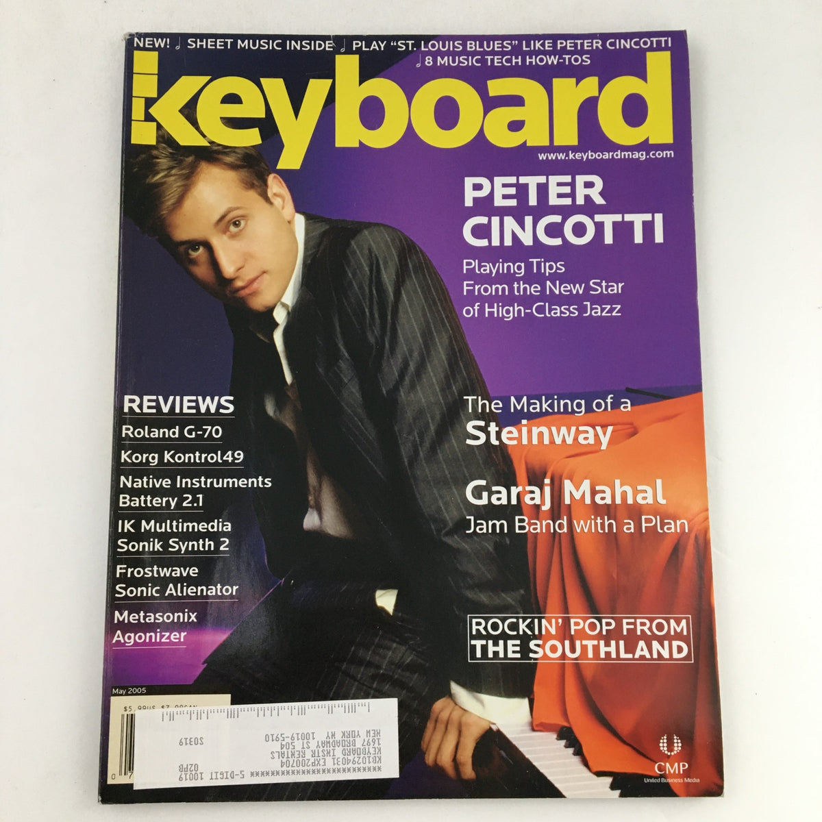 Keyboard Magazine May 2005 issue featuring Peter Cincotti on the cover. The magazine highlights music insights from Garaj Mahal and The Southland, with reviews of music technology and instruments.