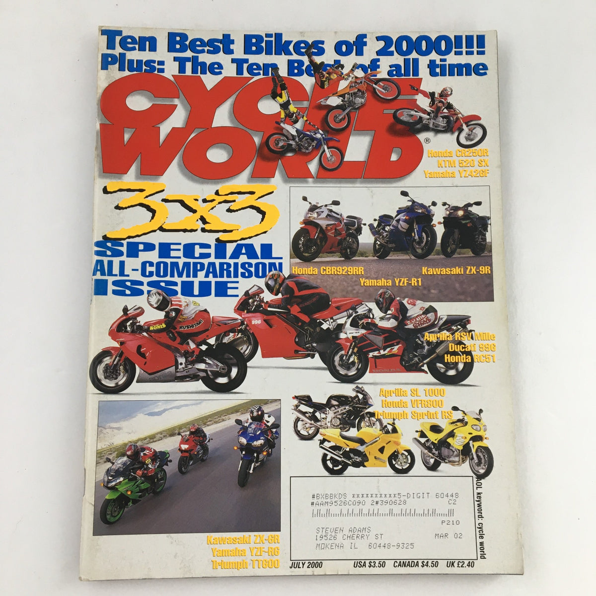 Cycle World Magazine July 2000 featuring the Ten Best Bikes of 2000, including Honda CBR929RR, Yamaha YZF-R1, and Kawasaki ZX-9R on the cover.