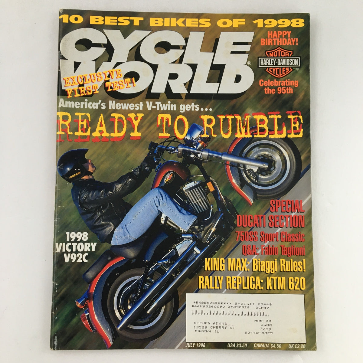 Cycle World Magazine July 1998 cover featuring the Ducati 750SS Sport Classic and Victory V92C, highlighting vintage motorcycles with articles and photography.