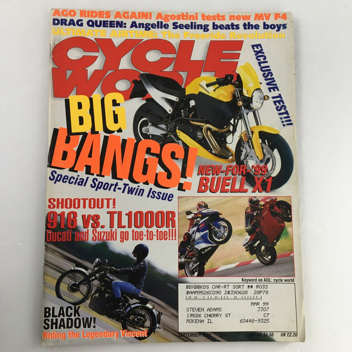 Cycle World Magazine September 1998 cover showcasing the Ducati 916 vs Suzuki TL1000R comparison, featuring motorcycles and editorial highlights of sport-twin issues.