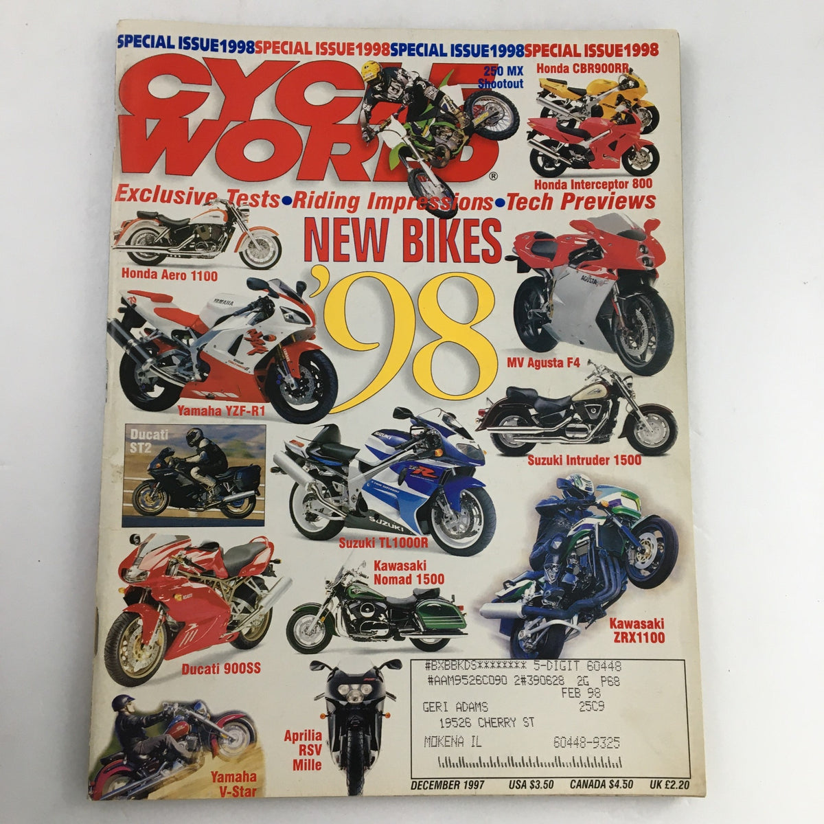 Cover of Cycle World Magazine December 1997, featuring the New Bikes Special Issue of Year 1998, showcasing motorcycle models like Honda, Yamaha, and Ducati. This vintage magazine is in very good condition and highlights key trends and innovations in the motorcycle industry.