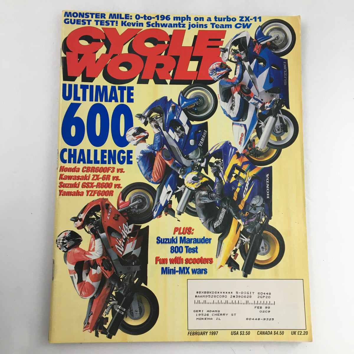 Cycle World Magazine February 1997 featuring Kevin Schwantz & Suzuki Marauder 800 Test. The cover showcases motorcycles and racers with vibrant graphics, emphasizing the magazine's focus on motorcycle culture and performance during the late 90s.