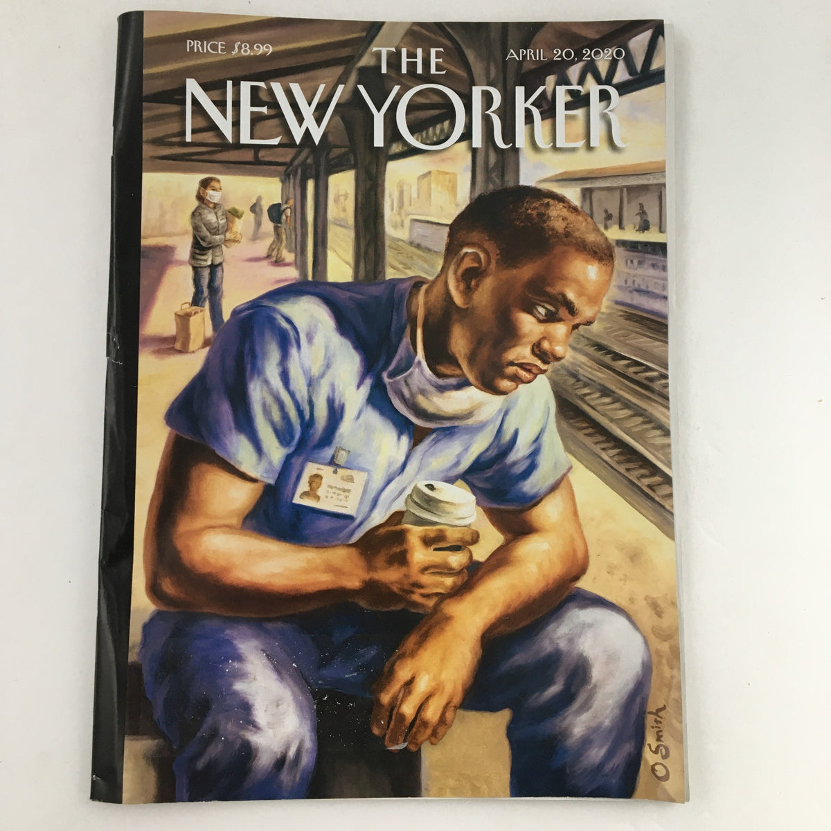 The New Yorker April 20 2020 Full Magazine Theme Cover by Owen Smith featuring a man sitting on a bench at a train station, holding a coffee cup, illustrating the themes of urban life and introspection.