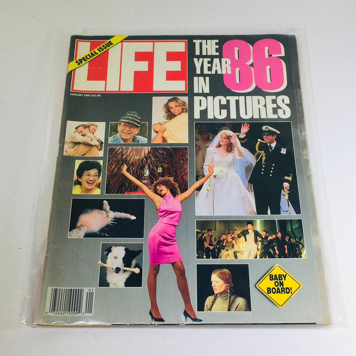 Vintage Life Magazine Cover from January 1987 - The Year in Pictures of 1986, featuring iconic images from the year including a wedding, celebrities, and cultural moments.