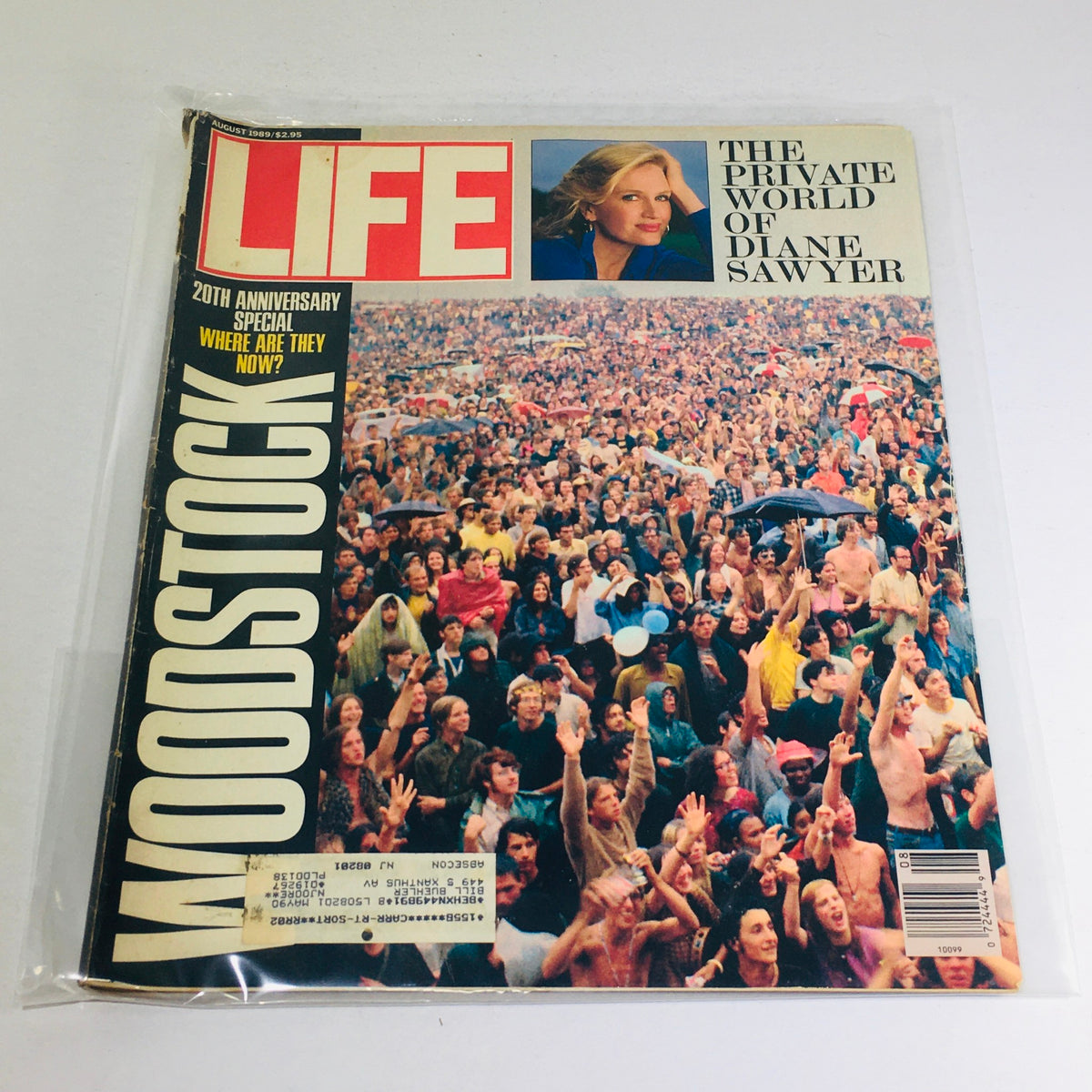 Vintage Life Magazine cover from August 1989 featuring Diane Sawyer and a crowd scene captured at Woodstock. The magazine highlights the private world of Diane Sawyer, along with a special on Woodstock's 20th anniversary.